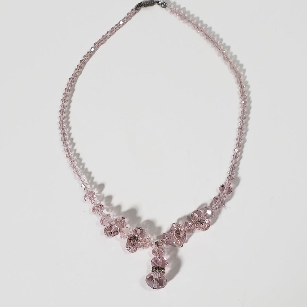 Sparkling Pink Crystal Bead Necklace Barrel Clasp 17.5"